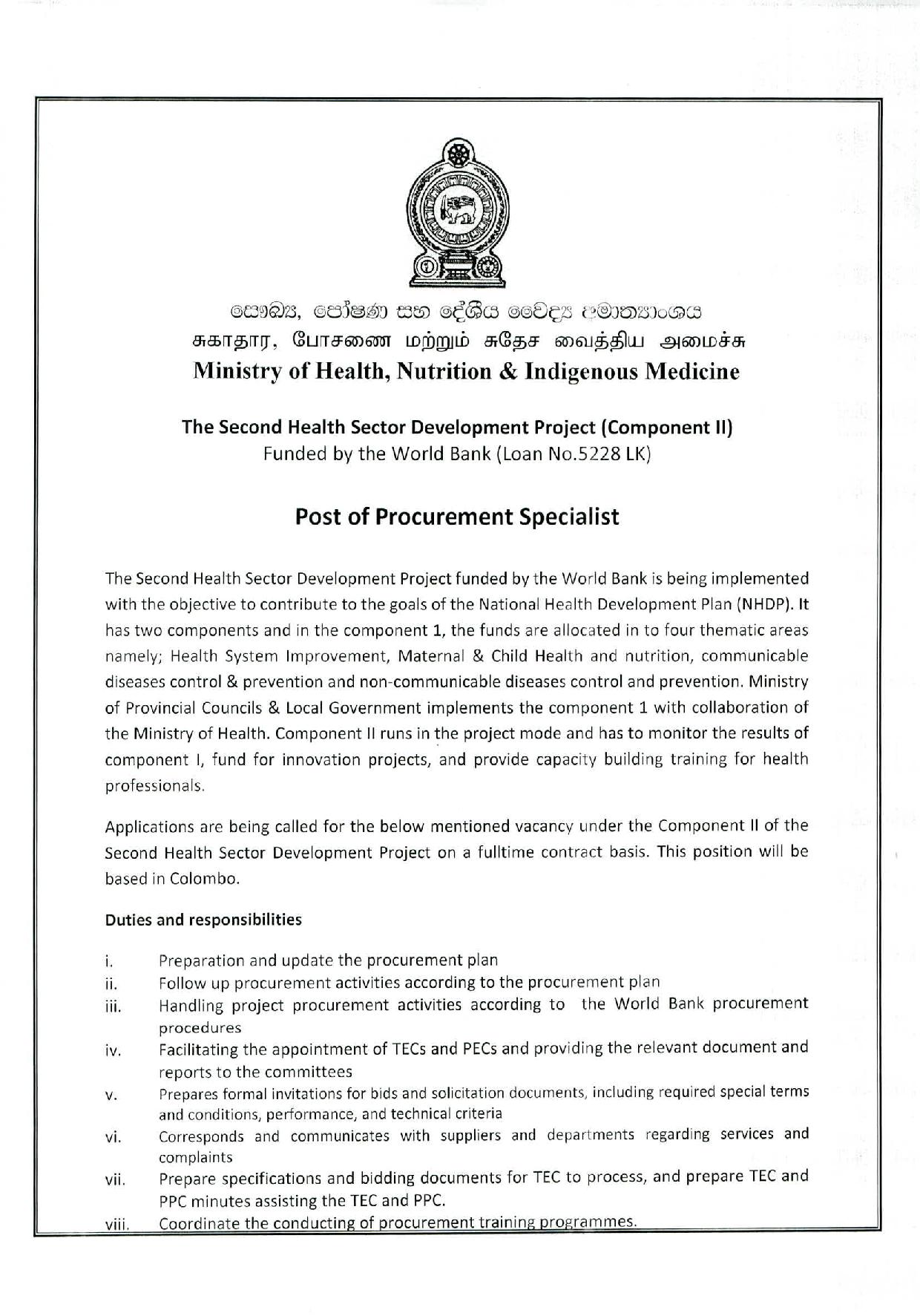 Procurement Specialist - Ministry of Health, Nutrition & Indigenous Medicine